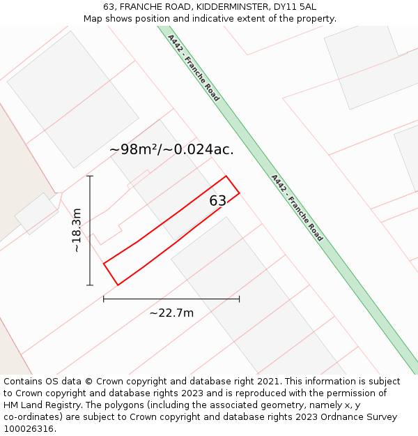 63, FRANCHE ROAD, KIDDERMINSTER, DY11 5AL: Plot and title map