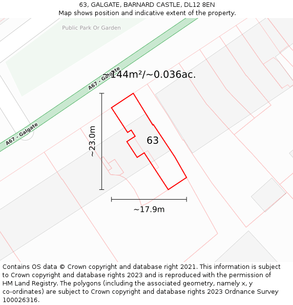 63, GALGATE, BARNARD CASTLE, DL12 8EN: Plot and title map