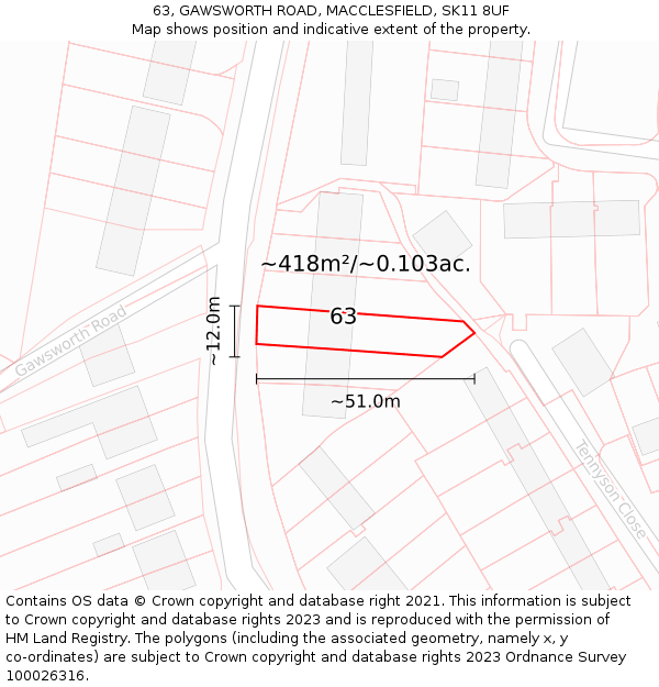 63, GAWSWORTH ROAD, MACCLESFIELD, SK11 8UF: Plot and title map
