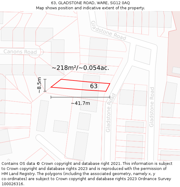 63, GLADSTONE ROAD, WARE, SG12 0AQ: Plot and title map