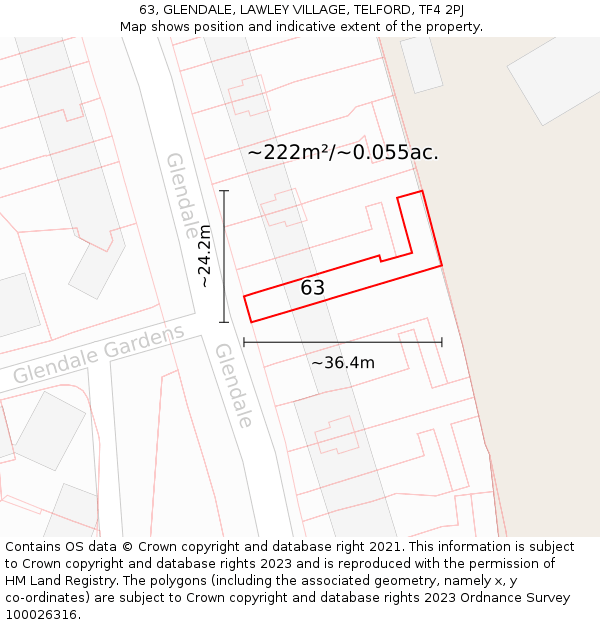 63, GLENDALE, LAWLEY VILLAGE, TELFORD, TF4 2PJ: Plot and title map