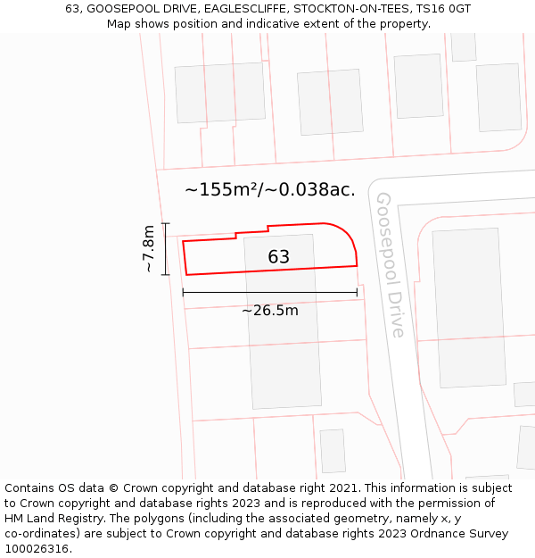 63, GOOSEPOOL DRIVE, EAGLESCLIFFE, STOCKTON-ON-TEES, TS16 0GT: Plot and title map