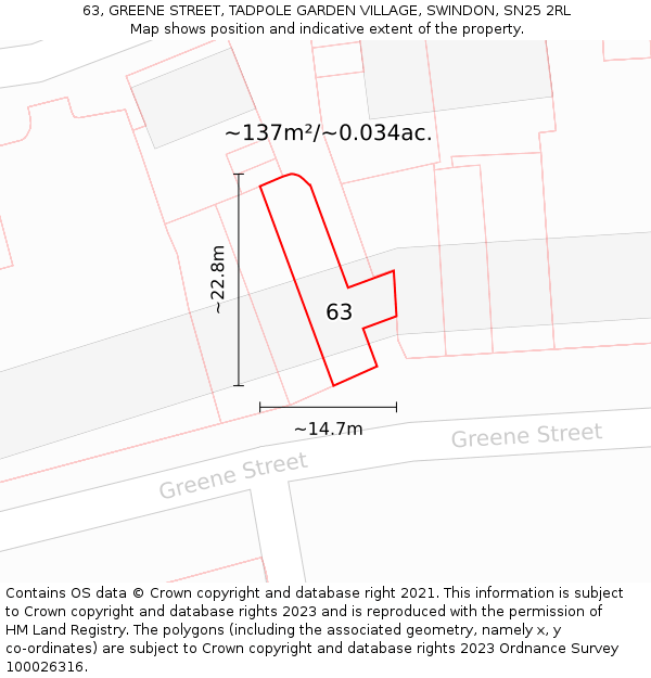 63, GREENE STREET, TADPOLE GARDEN VILLAGE, SWINDON, SN25 2RL: Plot and title map
