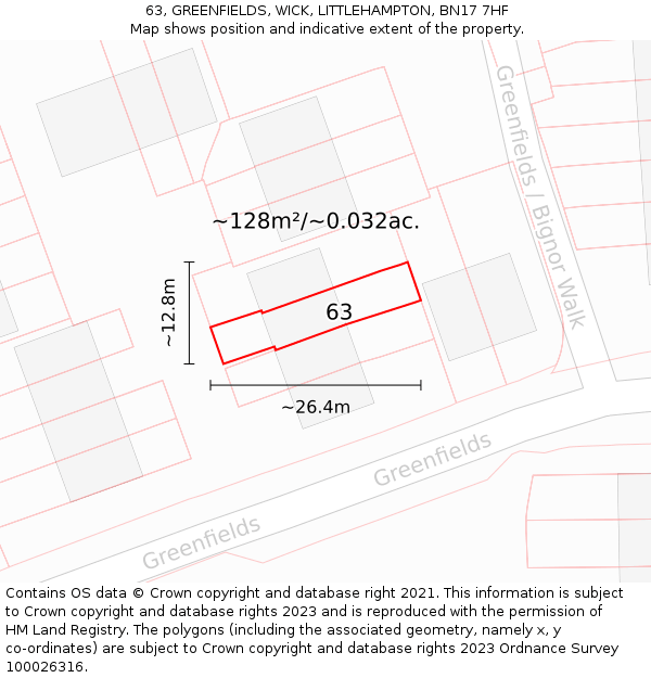63, GREENFIELDS, WICK, LITTLEHAMPTON, BN17 7HF: Plot and title map