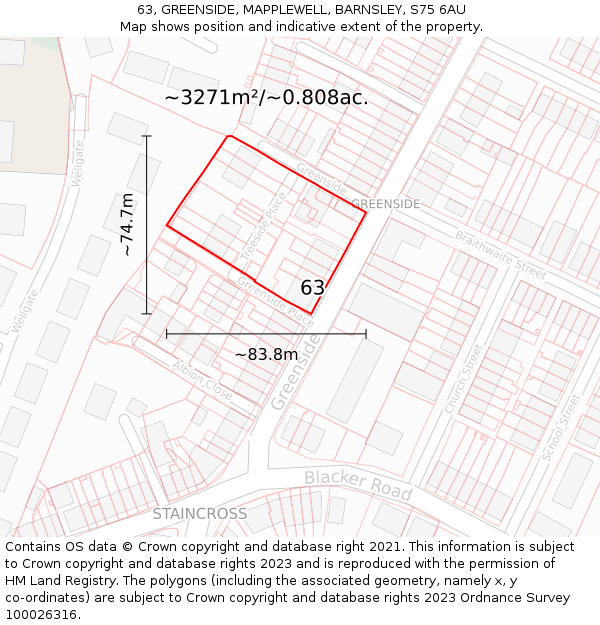 63, GREENSIDE, MAPPLEWELL, BARNSLEY, S75 6AU: Plot and title map