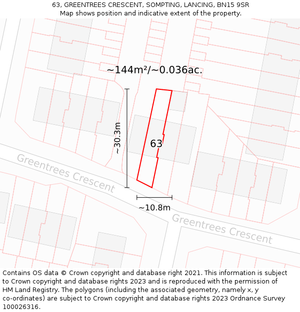 63, GREENTREES CRESCENT, SOMPTING, LANCING, BN15 9SR: Plot and title map