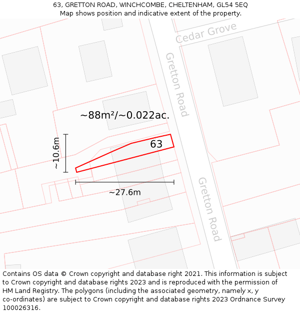 63, GRETTON ROAD, WINCHCOMBE, CHELTENHAM, GL54 5EQ: Plot and title map
