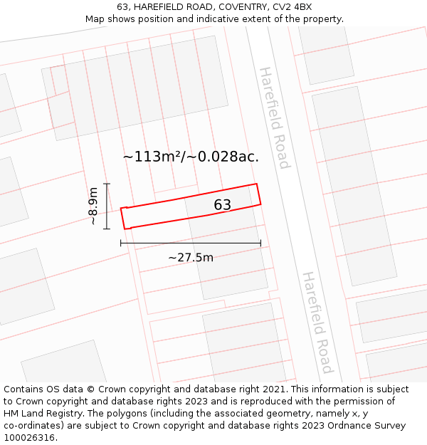 63, HAREFIELD ROAD, COVENTRY, CV2 4BX: Plot and title map