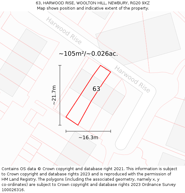 63, HARWOOD RISE, WOOLTON HILL, NEWBURY, RG20 9XZ: Plot and title map