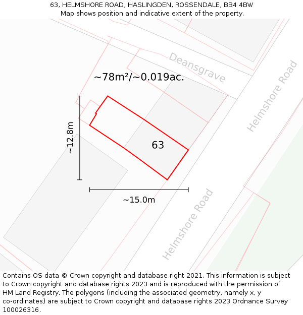 63, HELMSHORE ROAD, HASLINGDEN, ROSSENDALE, BB4 4BW: Plot and title map