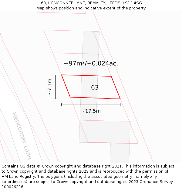 63, HENCONNER LANE, BRAMLEY, LEEDS, LS13 4SG: Plot and title map