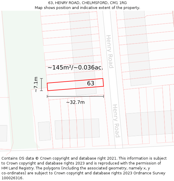 63, HENRY ROAD, CHELMSFORD, CM1 1RG: Plot and title map
