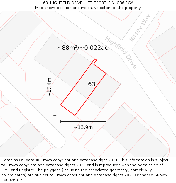 63, HIGHFIELD DRIVE, LITTLEPORT, ELY, CB6 1GA: Plot and title map