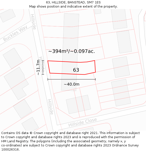 63, HILLSIDE, BANSTEAD, SM7 1ES: Plot and title map