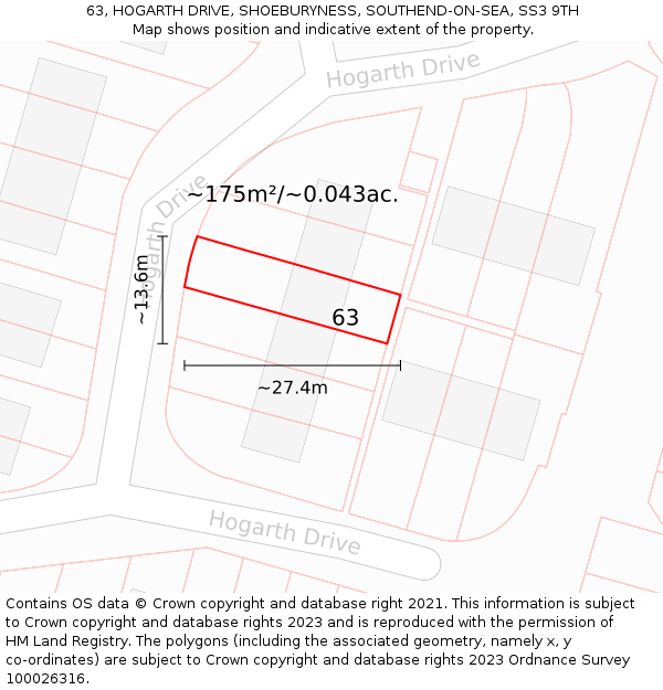 63, HOGARTH DRIVE, SHOEBURYNESS, SOUTHEND-ON-SEA, SS3 9TH: Plot and title map