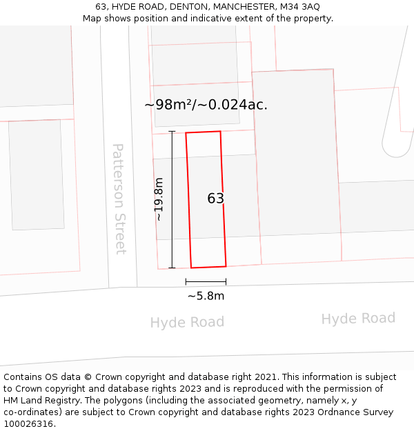 63, HYDE ROAD, DENTON, MANCHESTER, M34 3AQ: Plot and title map