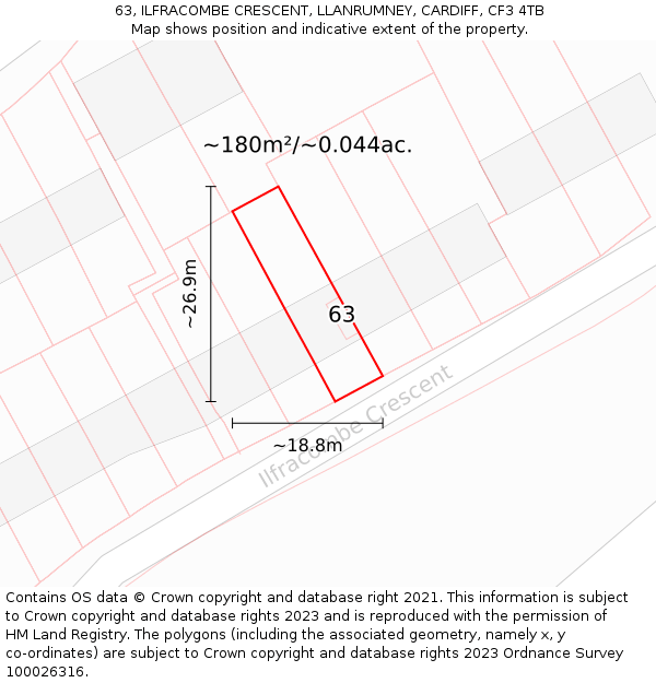63, ILFRACOMBE CRESCENT, LLANRUMNEY, CARDIFF, CF3 4TB: Plot and title map