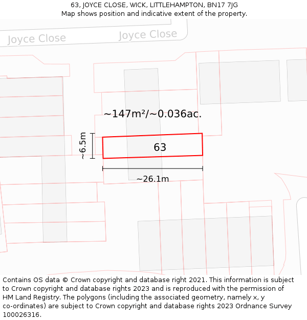63, JOYCE CLOSE, WICK, LITTLEHAMPTON, BN17 7JG: Plot and title map