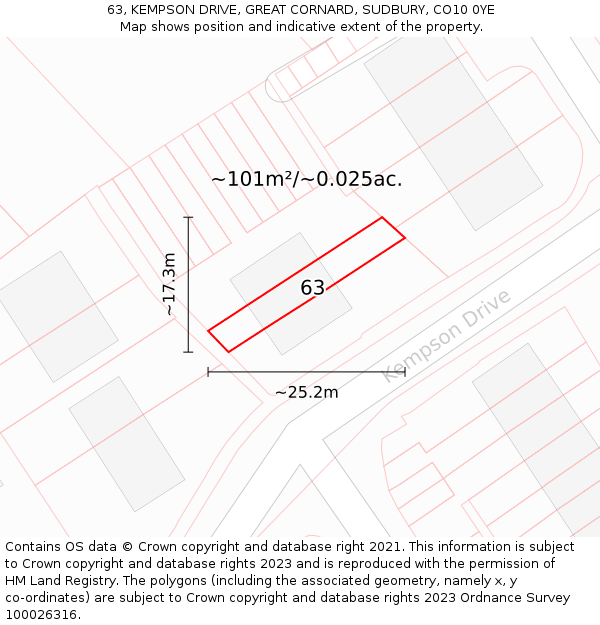 63, KEMPSON DRIVE, GREAT CORNARD, SUDBURY, CO10 0YE: Plot and title map