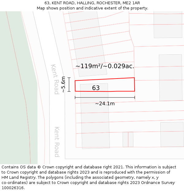 63, KENT ROAD, HALLING, ROCHESTER, ME2 1AR: Plot and title map