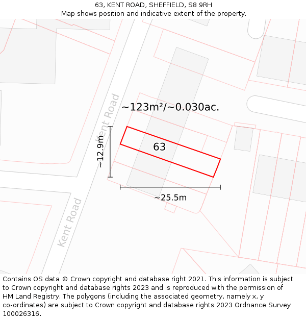 63, KENT ROAD, SHEFFIELD, S8 9RH: Plot and title map