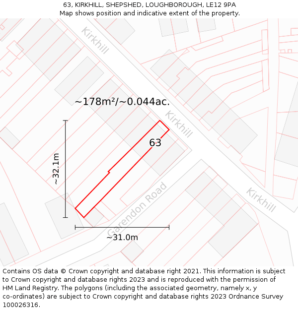 63, KIRKHILL, SHEPSHED, LOUGHBOROUGH, LE12 9PA: Plot and title map
