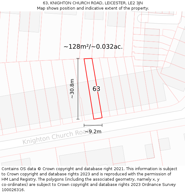 63, KNIGHTON CHURCH ROAD, LEICESTER, LE2 3JN: Plot and title map