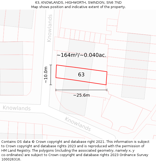 63, KNOWLANDS, HIGHWORTH, SWINDON, SN6 7ND: Plot and title map