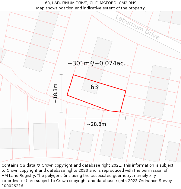 63, LABURNUM DRIVE, CHELMSFORD, CM2 9NS: Plot and title map