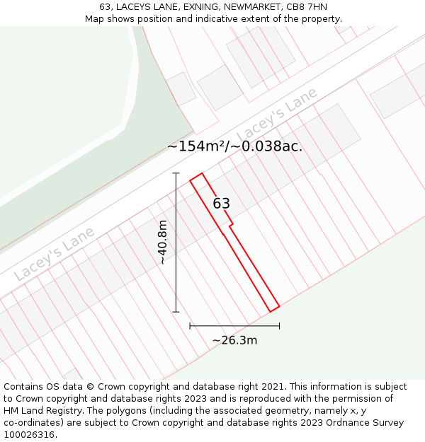 63, LACEYS LANE, EXNING, NEWMARKET, CB8 7HN: Plot and title map