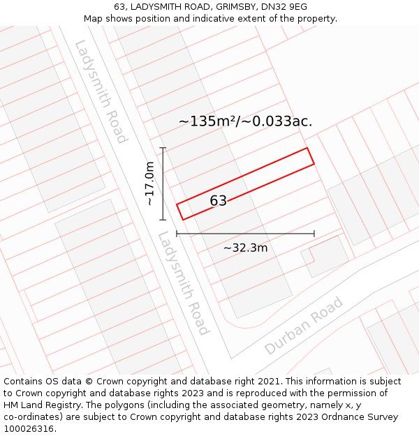 63, LADYSMITH ROAD, GRIMSBY, DN32 9EG: Plot and title map