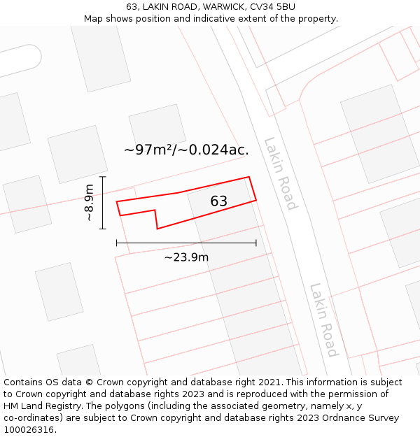 63, LAKIN ROAD, WARWICK, CV34 5BU: Plot and title map