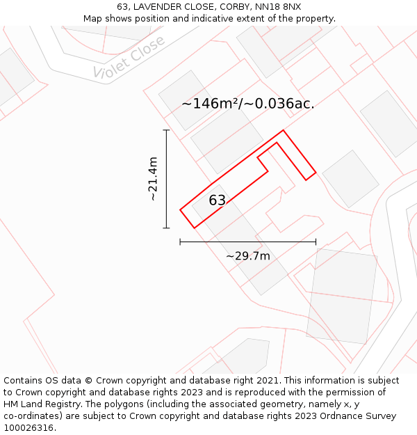 63, LAVENDER CLOSE, CORBY, NN18 8NX: Plot and title map
