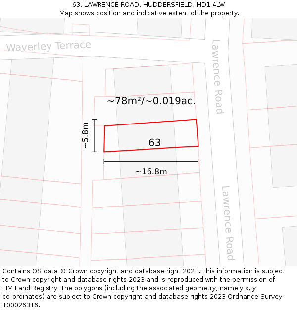 63, LAWRENCE ROAD, HUDDERSFIELD, HD1 4LW: Plot and title map