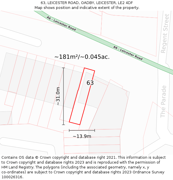 63, LEICESTER ROAD, OADBY, LEICESTER, LE2 4DF: Plot and title map