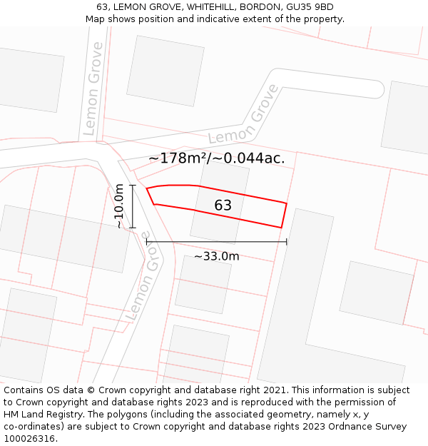 63, LEMON GROVE, WHITEHILL, BORDON, GU35 9BD: Plot and title map