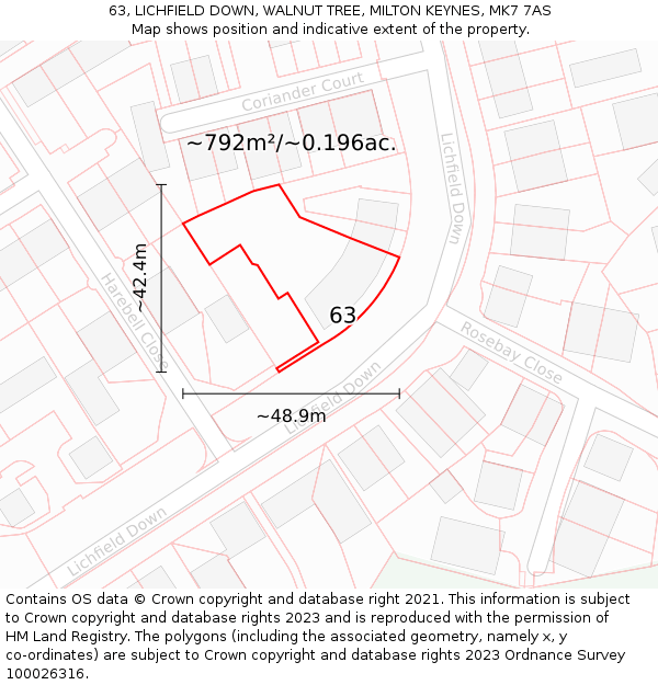 63, LICHFIELD DOWN, WALNUT TREE, MILTON KEYNES, MK7 7AS: Plot and title map