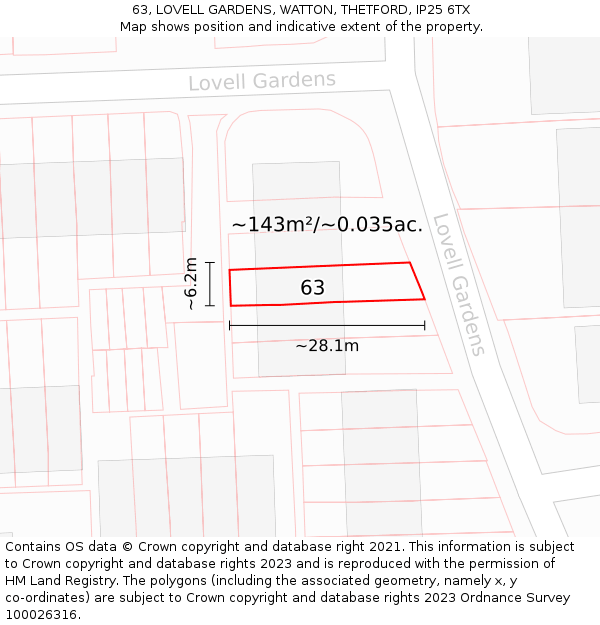 63, LOVELL GARDENS, WATTON, THETFORD, IP25 6TX: Plot and title map