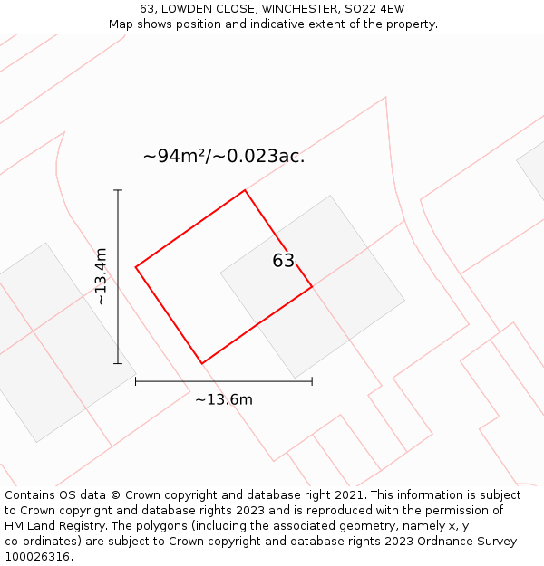 63, LOWDEN CLOSE, WINCHESTER, SO22 4EW: Plot and title map