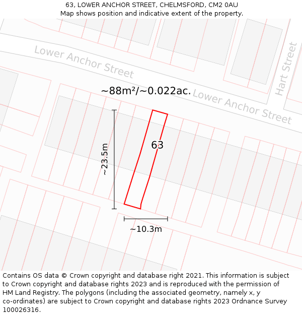 63, LOWER ANCHOR STREET, CHELMSFORD, CM2 0AU: Plot and title map