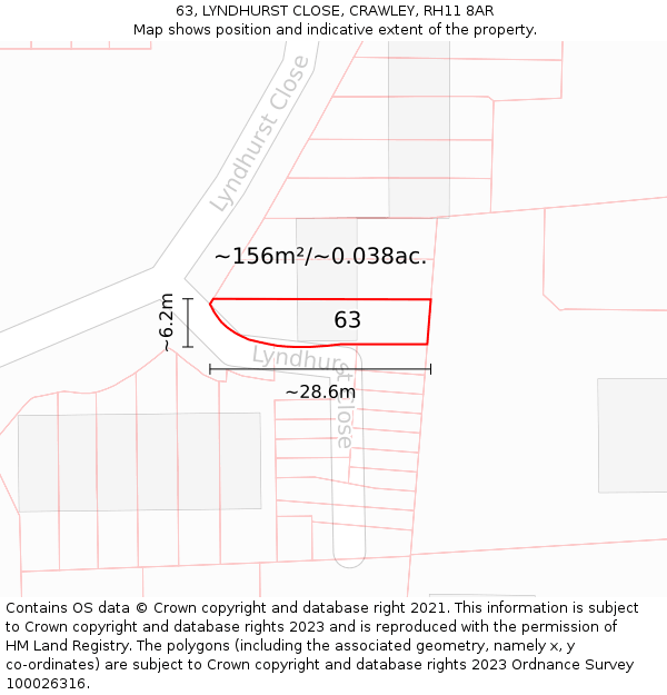 63, LYNDHURST CLOSE, CRAWLEY, RH11 8AR: Plot and title map