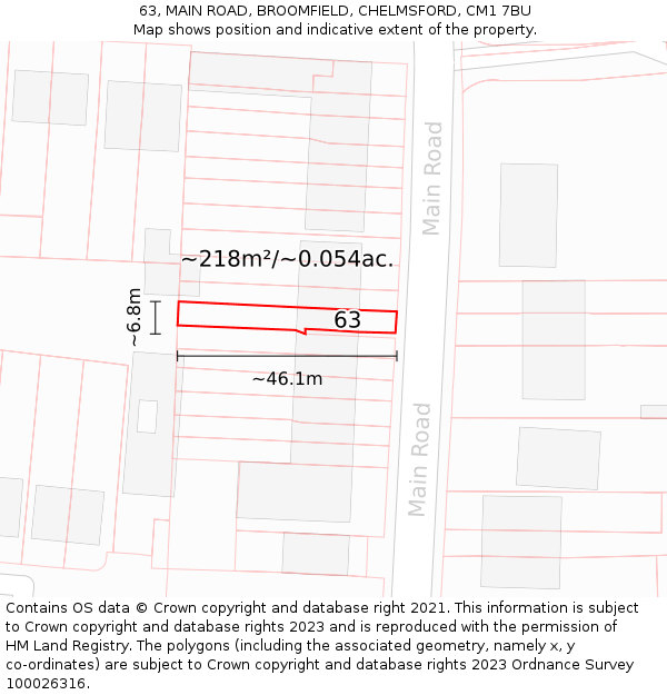 63, MAIN ROAD, BROOMFIELD, CHELMSFORD, CM1 7BU: Plot and title map