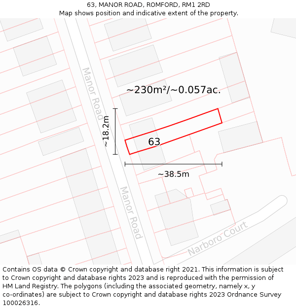 63, MANOR ROAD, ROMFORD, RM1 2RD: Plot and title map