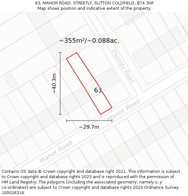 63, MANOR ROAD, STREETLY, SUTTON COLDFIELD, B74 3NF: Plot and title map