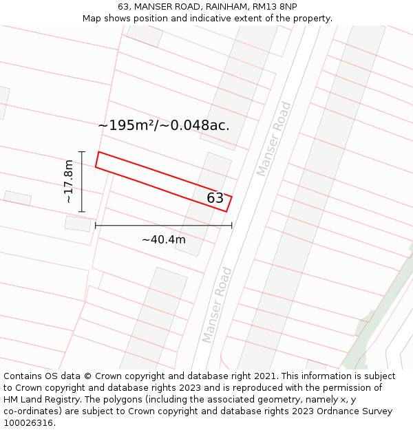 63, MANSER ROAD, RAINHAM, RM13 8NP: Plot and title map