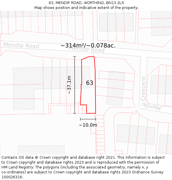 63, MENDIP ROAD, WORTHING, BN13 2LS: Plot and title map