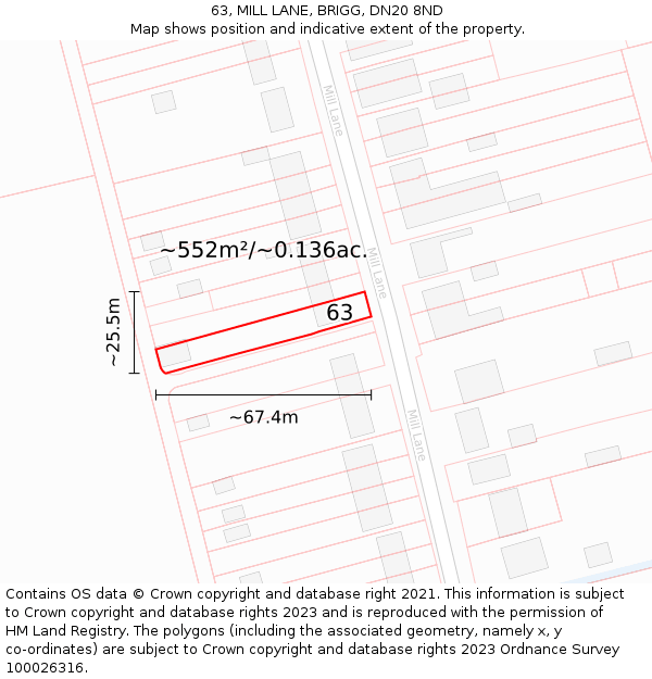63, MILL LANE, BRIGG, DN20 8ND: Plot and title map
