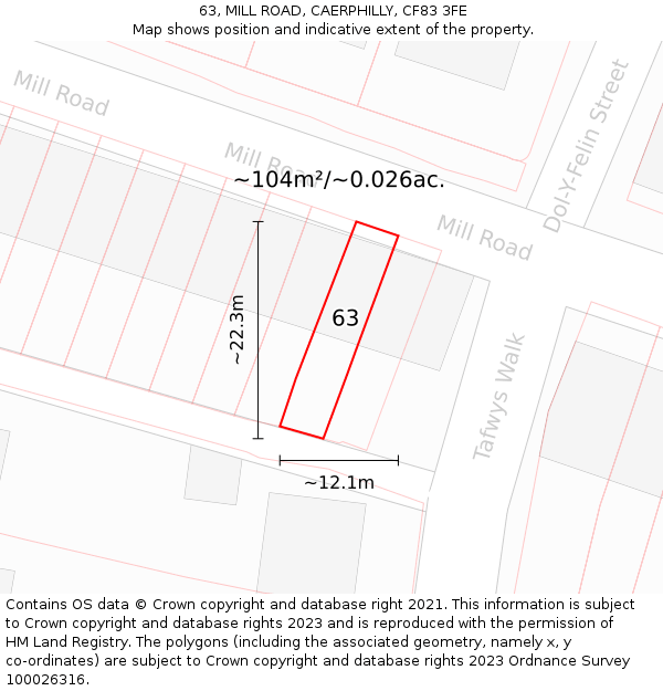 63, MILL ROAD, CAERPHILLY, CF83 3FE: Plot and title map