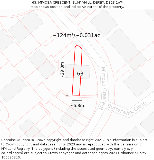 63, MIMOSA CRESCENT, SUNNYHILL, DERBY, DE23 1WP: Plot and title map