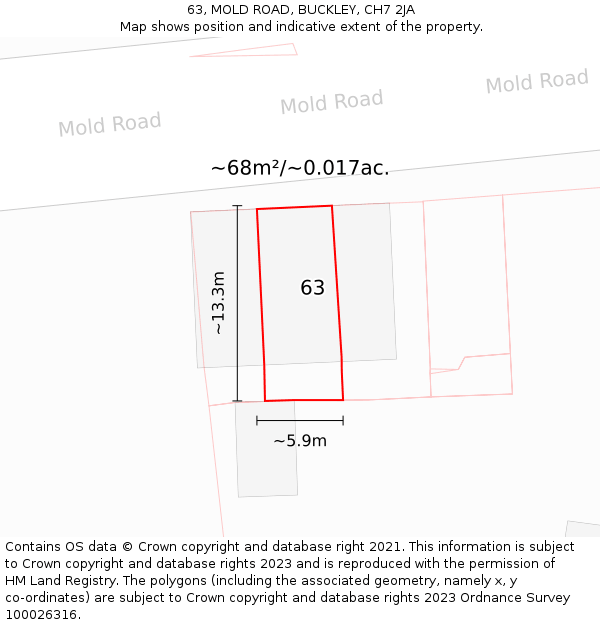 63, MOLD ROAD, BUCKLEY, CH7 2JA: Plot and title map